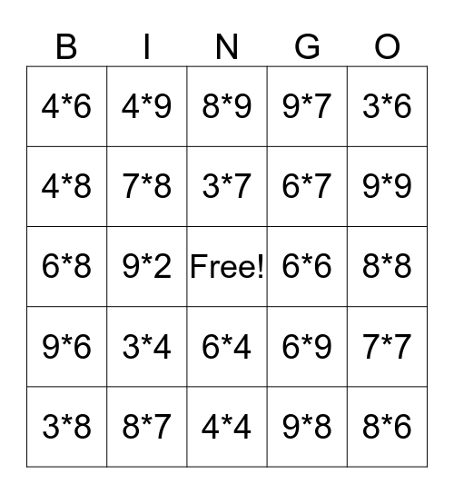 Multiply Bingo Card