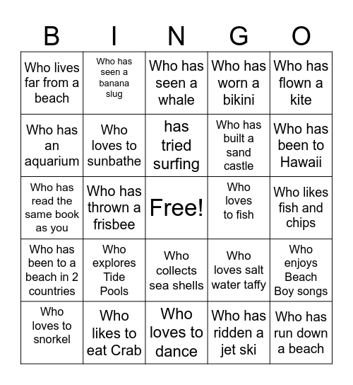 FIND A NEW FRIEND AT THE BEACH PARTY Bingo Card