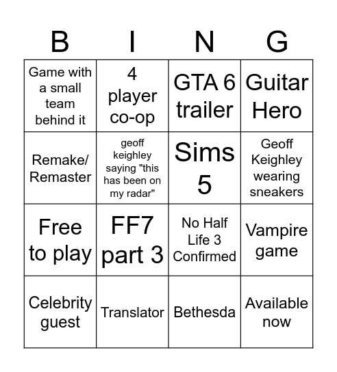 Summer Games Fest Bingo Card
