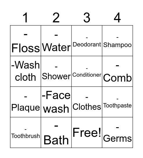 Hygiene Bingo Card