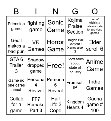 Summer Games Fest 2026 Bingo Card