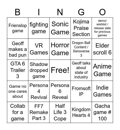 Summer Games Fest 2026 Bingo Card