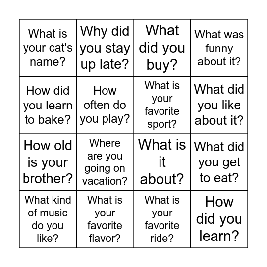 Follow-Up Question Bingo Card