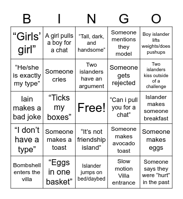 Love Island Premiere Bingo Card