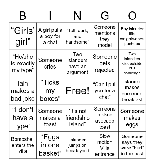 Love Island Premiere Bingo Card