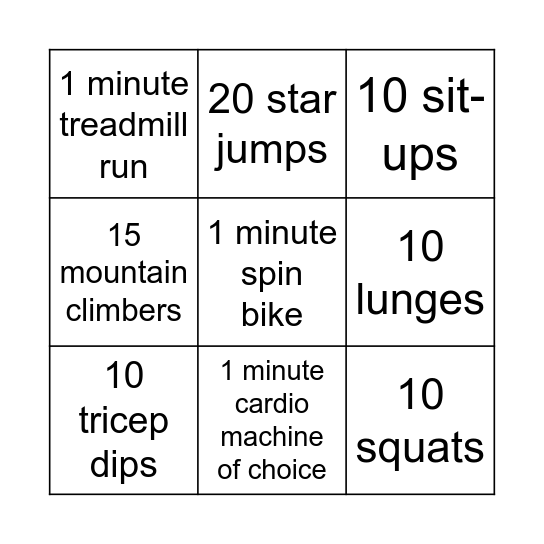 Fitness Bingo Card