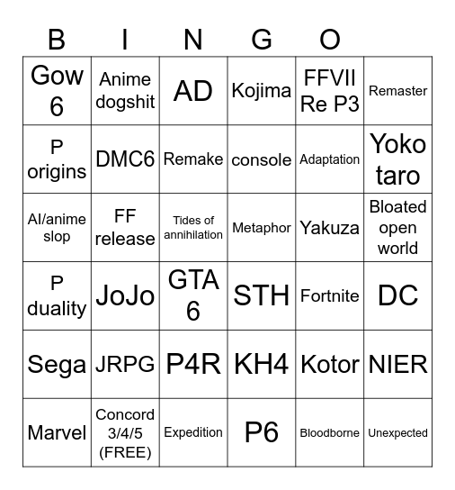 SGF/SoP/XGS Bingo Card