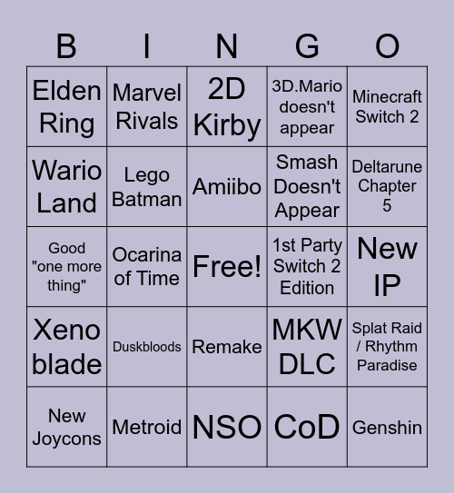 Nintendo Direct June 2026 (if it happens) Bingo Card