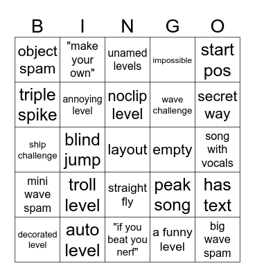 geometry dash Bingo Card