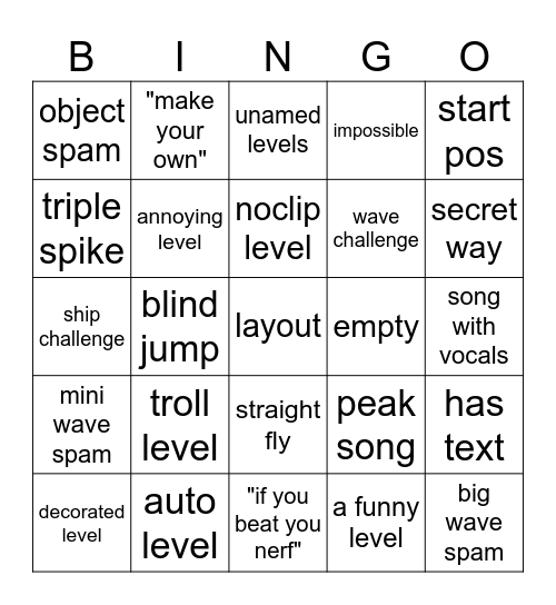 geometry dash Bingo Card