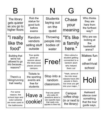 College Tour Bingo Card
