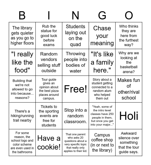 College Tour Bingo Card