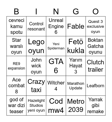 Summer Game Fest 2026 bingo kartı Bingo Card