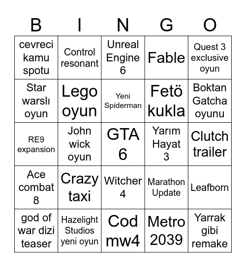 Summer Game Fest 2026 bingo kartı Bingo Card