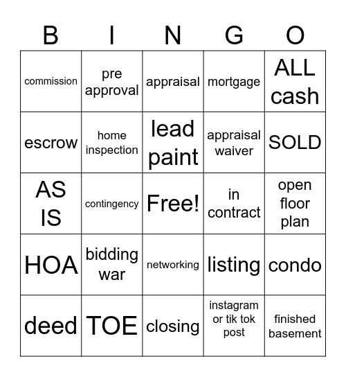 Real Esate Bingo Card