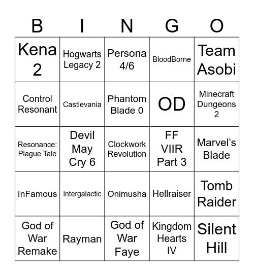 State of Play + Summer Game Fest + XBOX Showcase Bingo Card