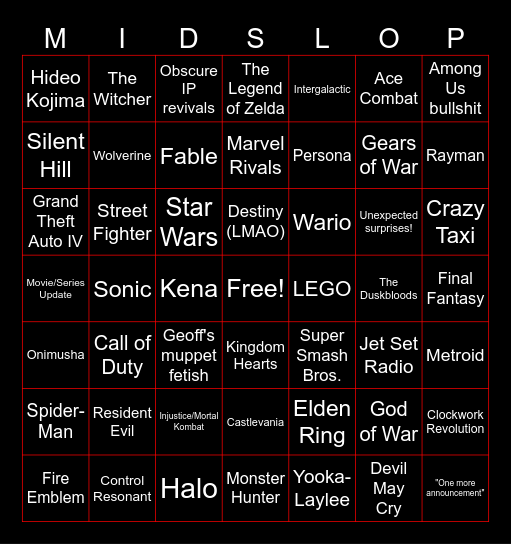 Gaming Event Month Bingo Card