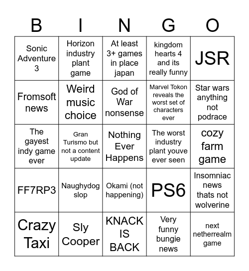 State of Play Bingo Card