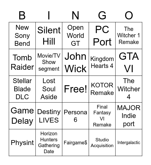 Sony State of Play 2026 Bingo Card