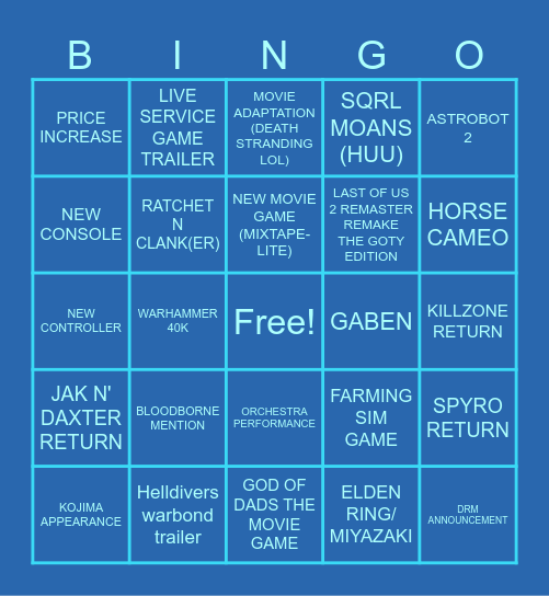 PLAYSTATION STATE OF PLAY Bingo Card