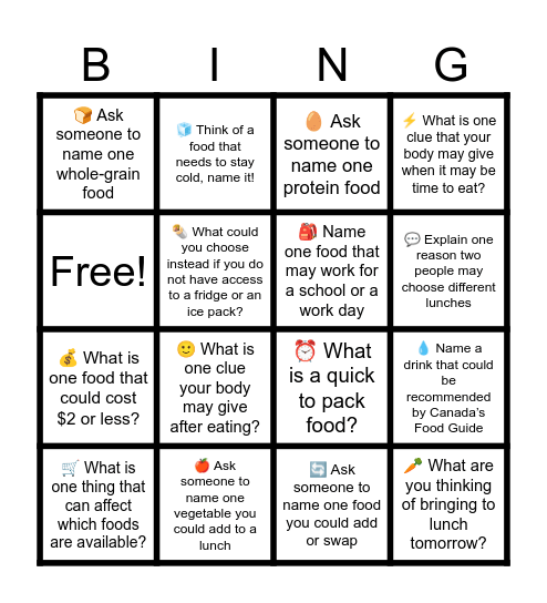 Nutrition Workshop Bingo Card