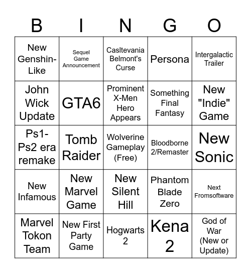 State of Play Bingo Card