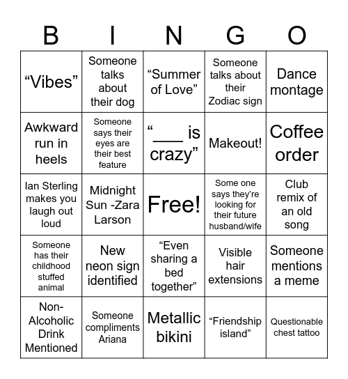Love Island Bingo Card