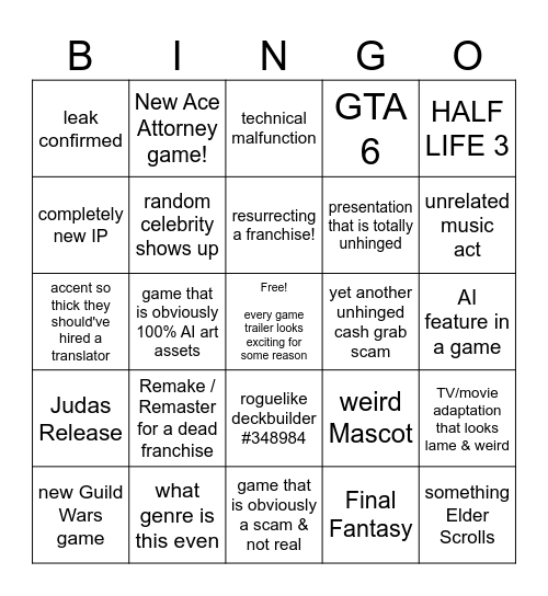 Summer Game Fest 2026 Bingo Card