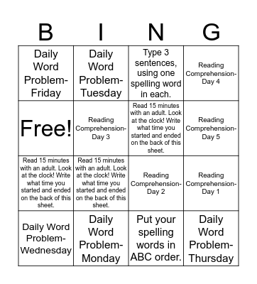 Homework Bingo- Group 1 (Week of 2/6) Bingo Card