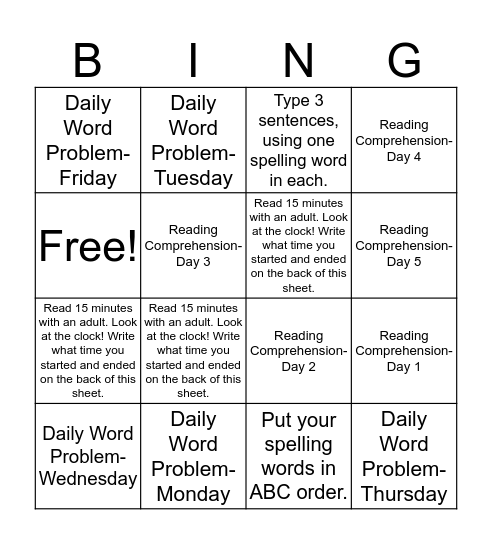 Homework Bingo- Group 1 (Week of 2/6) Bingo Card