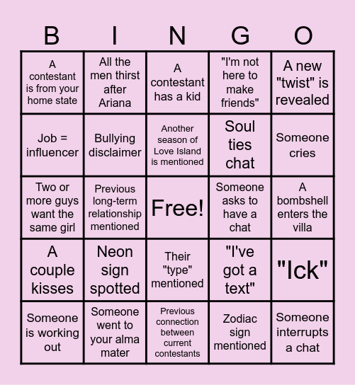 LOVE ISLAND BINGO Card