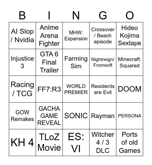 Summer Game Fest Bingo Card