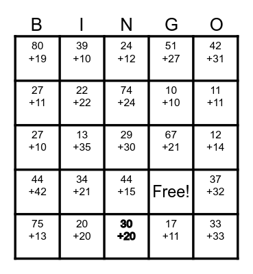 Addition Bingo Card