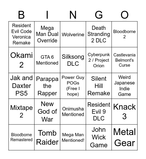 PLAYSTATION STATE OF PLAY Bingo Card