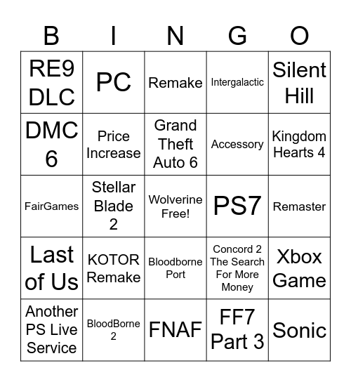 PlayStation State of Play Bingo Card June 2nd Bingo Card