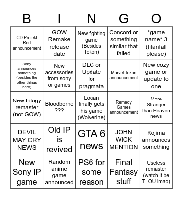Playstation State of Play Bingo Card