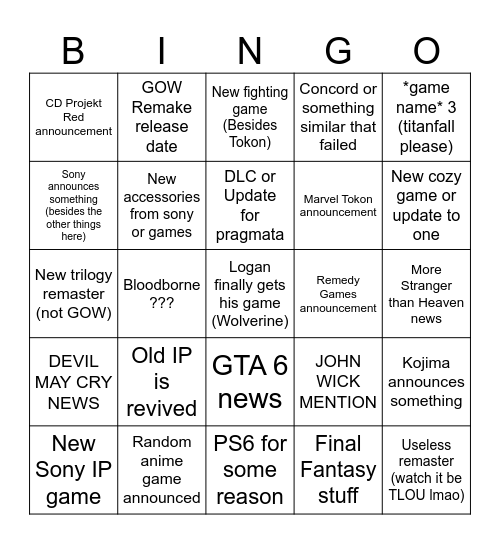 Playstation State of Play Bingo Card