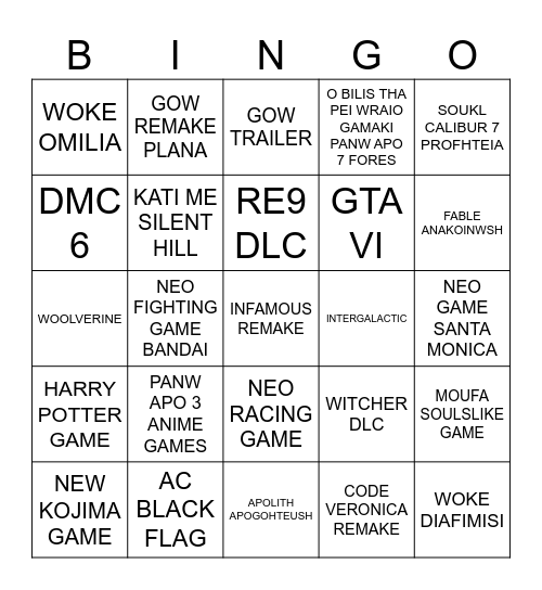 State of play Bingo Card