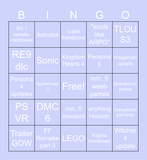 State of Play 2026 Bingo Card