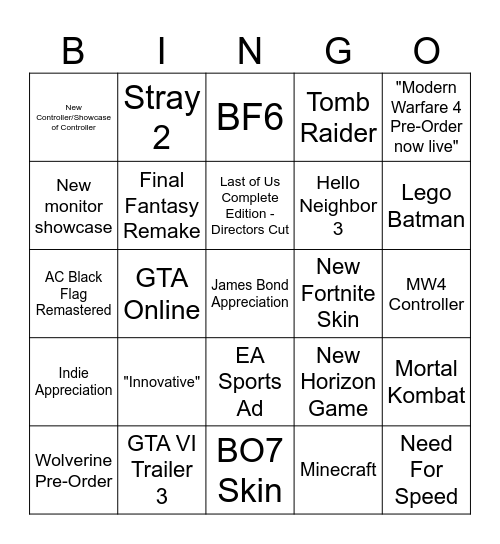 State of Play 2026 Bingo Card