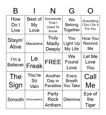 Top Hits Bingo Card