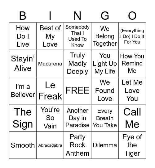 Top Hits Bingo Card
