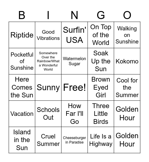Summer Songs! Bingo Card