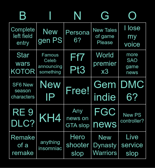 Sony State of Play Bingo Card