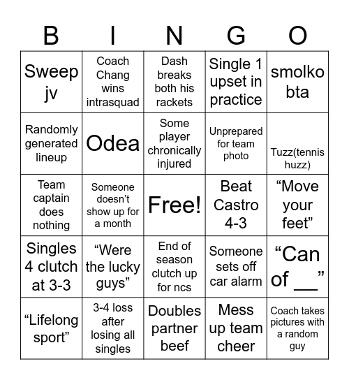 BHS Tennis Bingo Card