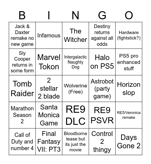 Sony Aint Got No Games Bingo 2026 Bingo Card