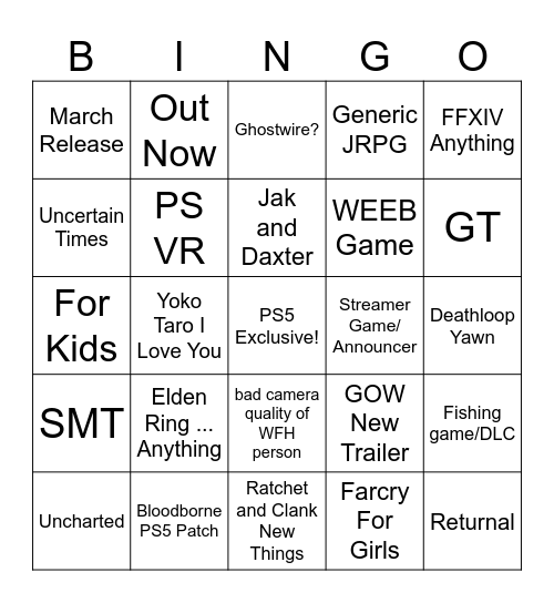 Sony State of Play Bingo Card