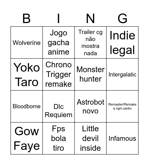Sony State of Play Bingo Card