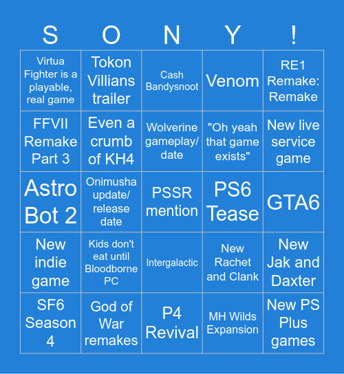 Sony State of Play June 2026 Bingo Card