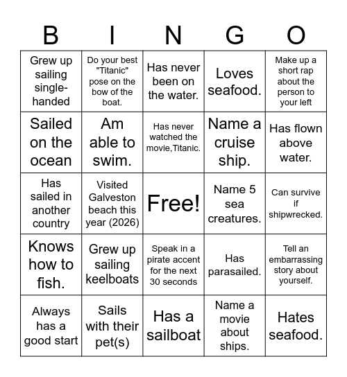 Sailing BINGO Card